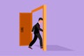 Graphic flat design drawing of young businessman enters the room through the door. Male manager walking to opened door. Starting