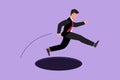 Graphic flat design drawing of young businessman jumping through hole, metaphor to facing big problem. Business struggles in