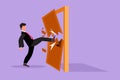 Graphic flat design drawing of young businessman kicks the door until door shattered. Man kicking locked door and destroy.