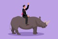 Graphic flat design drawing of young businessman riding rhinoceros symbol of success. Business metaphor concept, looking at goal, Royalty Free Stock Photo