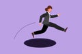 Graphic flat design drawing young businesswoman jumping through hole, metaphor to facing big problem. Business struggles in market