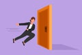 Graphic flat design drawing of young businesswoman running and want to break down door. Business struggle metaphor. Strength