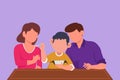 Graphic flat design drawing of young family having breakfast together with cereal and milk in restaurant. Little boy feeds his Royalty Free Stock Photo