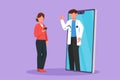 Graphic flat design drawing young female patient holding smartphone standing facing giant smartphone and consulting male doctor.