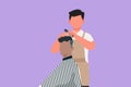 Graphic flat design drawing of young handsome barber making haircut of attractive bearded man in barbershop. Hairdo looks trendy