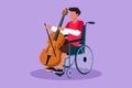 Graphic flat design drawing young handsome man sitting in wheelchair plays cello in concert. Disability and classical music. Royalty Free Stock Photo