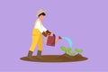 Graphic flat design drawing of young male farmer working in garden, watering vegetables. Smiling man in overalls, hat and boots Royalty Free Stock Photo