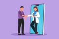 Graphic flat design drawing young male patient shaking hands with female doctor coming out of smartphone and holding clipboard. Royalty Free Stock Photo