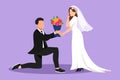 Graphic flat design drawing young man on knee give bouquet to woman wearing wedding dress. Boy in love giving flowers. Happy