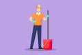 Graphic flat design drawing young man standing with buckets and mops. Cleaning service. Male dressed in uniform with cleaning