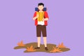 Graphic flat design drawing young man traveler with backpack and map walks to mountain. Tourist top goal achievement route logo.