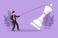 Graphic flat design drawing young motivation businessman pulling big king chess with rope. Business achievement goal, strategy,