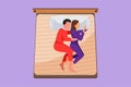 Graphic flat design drawing young romantic couple hugging and lying on bed. Lovers gently, carefully embrace each other, sweet