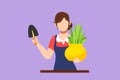 Graphic flat design drawing young woman gardener. Beautiful lady farmer holding little shovel and plant in pot. Pretty girl Royalty Free Stock Photo