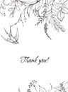 Graphic floral illustration - black & white inked flowers frame / border / header with swallow bird Royalty Free Stock Photo