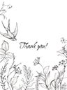 Graphic floral illustration - black & white inked flowers frame / border / header with swallow bird Royalty Free Stock Photo