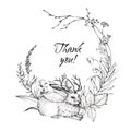 Graphic floral illustration - black & white inked flowers frame / wreath with mythological wolpertinger hare Royalty Free Stock Photo