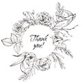 Graphic floral illustration - black & white inked flowers frame / wreath with swallow bird Royalty Free Stock Photo