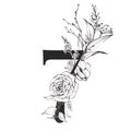 Graphic Floral Numbers - digit 7 with black and white inked flowers bouquet composition