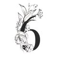 Graphic Floral Numbers - digit 6 with black and white inked flowers bouquet composition