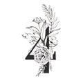 Graphic Floral Numbers - digit 4 with black and white inked flowers bouquet composition