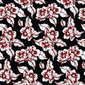 Seamless floral pattern with vintage sketch botany: flowers, leaves on a black background. Vector.