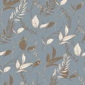 Graphic floral seamless pattern - branches and leaves isolated elements on blue background Royalty Free Stock Photo