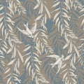 Graphic floral seamless pattern - flower leaves, branches & martlet bird illustration on grey - blue background