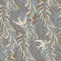 Graphic floral seamless pattern - flower leaves, branches & martlet bird illustration on grey - blue background