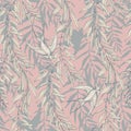 Graphic floral seamless pattern - flower leaves, branches & martlet bird illustration on pink background