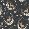 Graphic floral seamless pattern - flower wreaths & deer illustration on dark background Royalty Free Stock Photo