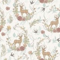 Graphic floral seamless pattern - flower wreaths & deer illustration on white background Royalty Free Stock Photo