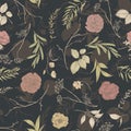 Graphic floral seamless pattern - flowers and leaves isolated elements on dark background