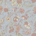 Graphic floral seamless pattern - flowers and leaves isolated elements on grey - blue background