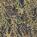 Graphic floral seamless pattern - gold textured flower leaves, branches & martlet bird illustration on khaki background