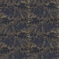 Graphic floral seamless pattern - gold textured mythological wolpertinger hare & flower bouquets on dark background