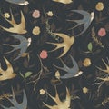 Graphic floral seamless pattern - gold textured swallow birds and flower elements on dark background