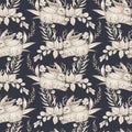 Graphic floral seamless pattern - mythological wolpertinger hare & flower bouquets on dark background