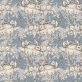 Graphic floral seamless pattern - mythological wolpertinger hare & flower bouquets on grey - blue background