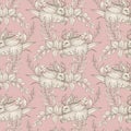 Graphic floral seamless pattern - mythological wolpertinger hare & flower bouquets on pink background