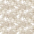 Graphic floral seamless pattern - mythological wolpertinger hare & flower bouquets on white background