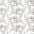 Graphic floral seamless pattern - mythological wolpertinger hare & flower bouquets on white background