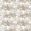 Graphic floral seamless pattern - mythological wolpertinger hare & flower bouquets on white background