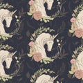 Graphic floral seamless pattern - unicorn with flower wreaths illustration on dark background