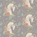 Graphic floral seamless pattern - unicorn with flower wreaths illustration on grey background