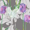 Graphic flowers blue tulip with lily on a gray background. Floral seamless pattern.