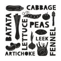 Graphic food poster with vegetables and text. Black silhouette elements on white background. Square monochrome print