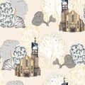 Graphic forest with church for decoration.