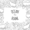 Graphic frame whales flying in the sky. Sea and ocean creatures. Coloring book page design for adults and kids Royalty Free Stock Photo