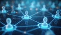 Graphic futuristic representation of professional network with connected user avatars on digital cyberspace. Partnership, Royalty Free Stock Photo